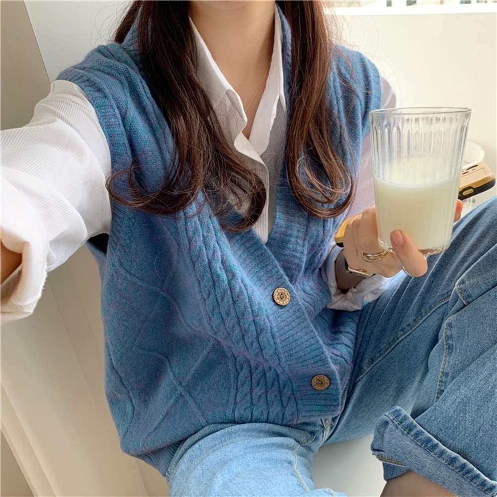 Korean Vintage V-Neck Knitted Sweater Vest - Blue - Picture 2 of 10
